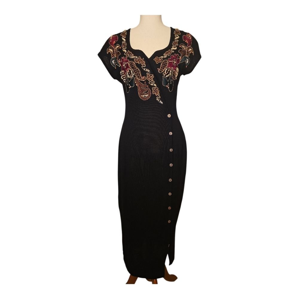 Vtg 90s Carole Little Embroidered Knit Button Front Dress Black Wool Blend M
